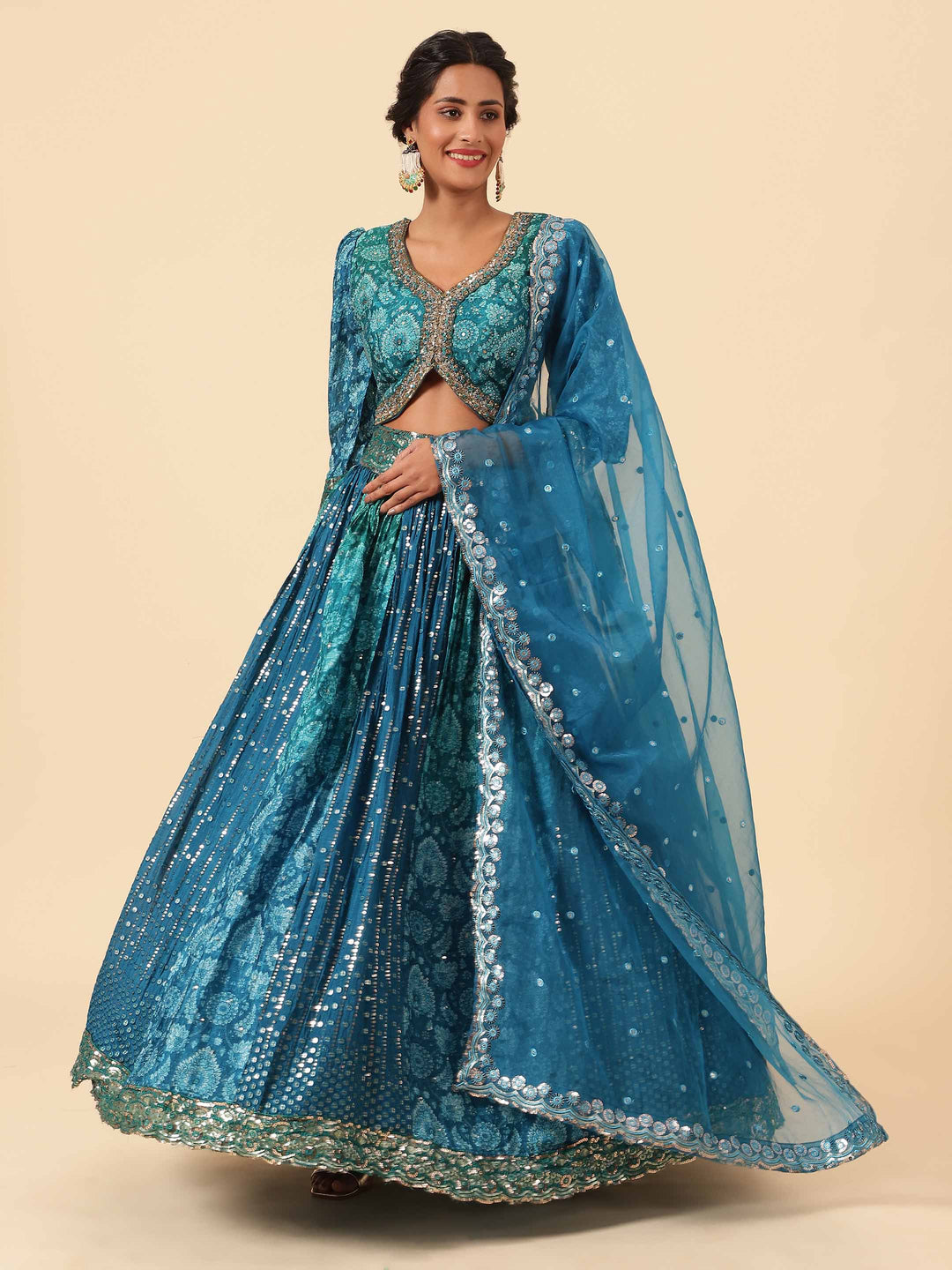 Sequin Embroidered Crepe Choli With Lehenga &amp; Dupatta