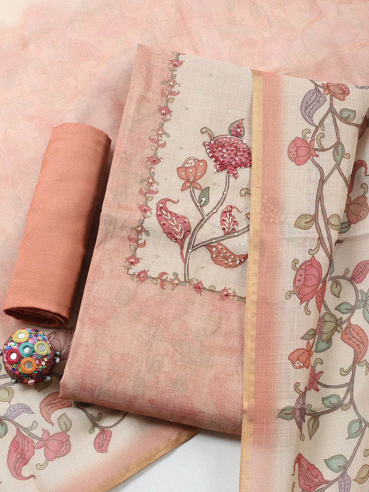 Printed Linen Blend Unstitched Suit With Pant &amp; Dupatta