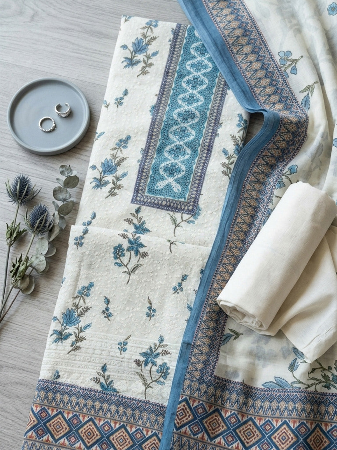 Printed Cotton Blend Unstitched Suit With Pant &amp; Dupatta