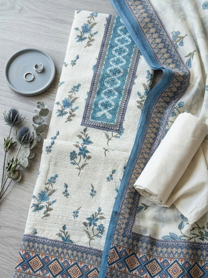 Printed Cotton Blend Unstitched Suit With Pant &amp; Dupatta