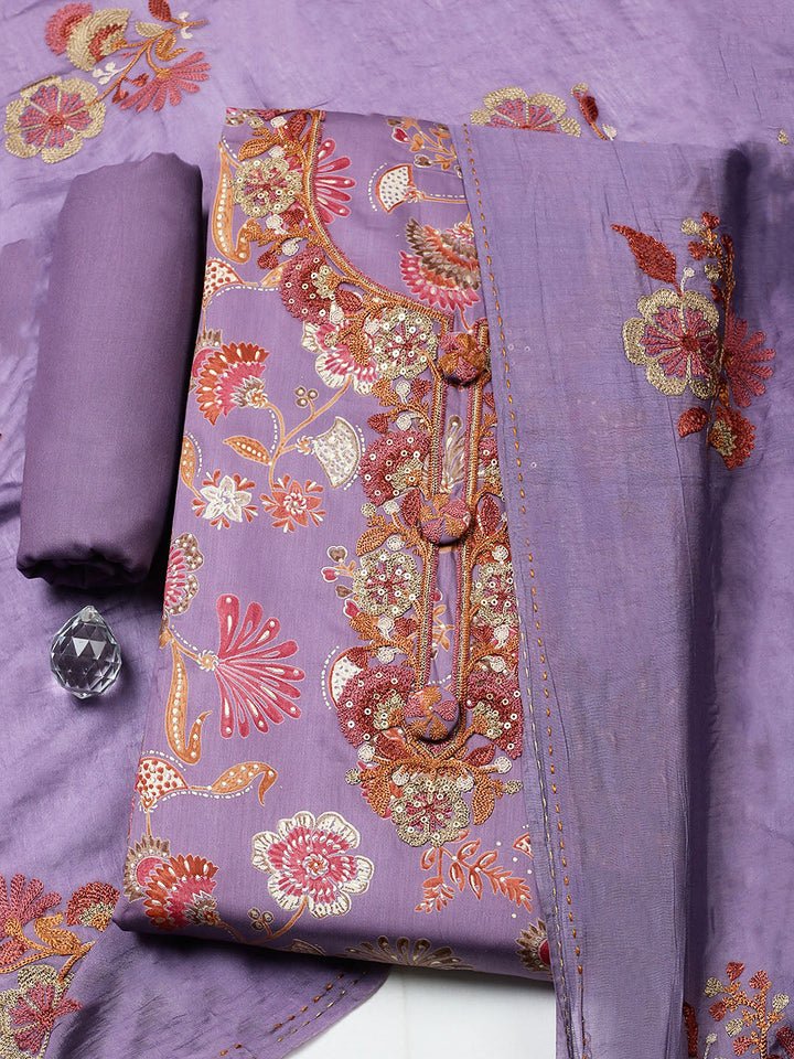 Embroidered Cotton Blend Unstitched Suit With Pant &amp; Dupatta