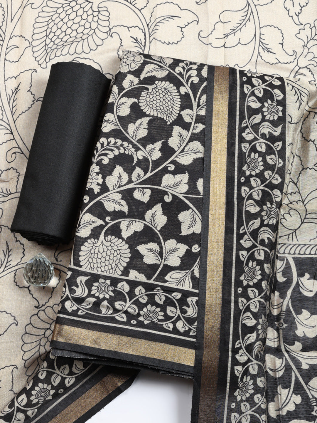 Printed Cotton Blend Unstitched Suit With Pant &amp; Dupatta