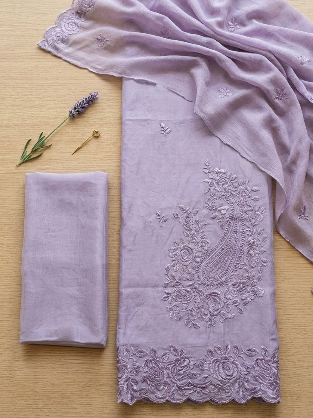 Embroidered Chanderi Unstitched Suit With Pant &amp; Dupatta
