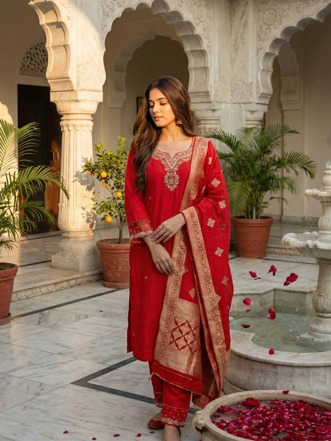 Embroidered Cotton Blend Kurta With Pant &amp; Dupatta