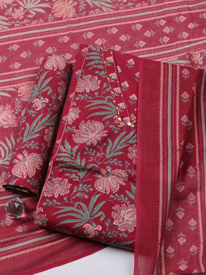 Printed Chanderi Unstitched Suit With Pant &amp; Dupatta