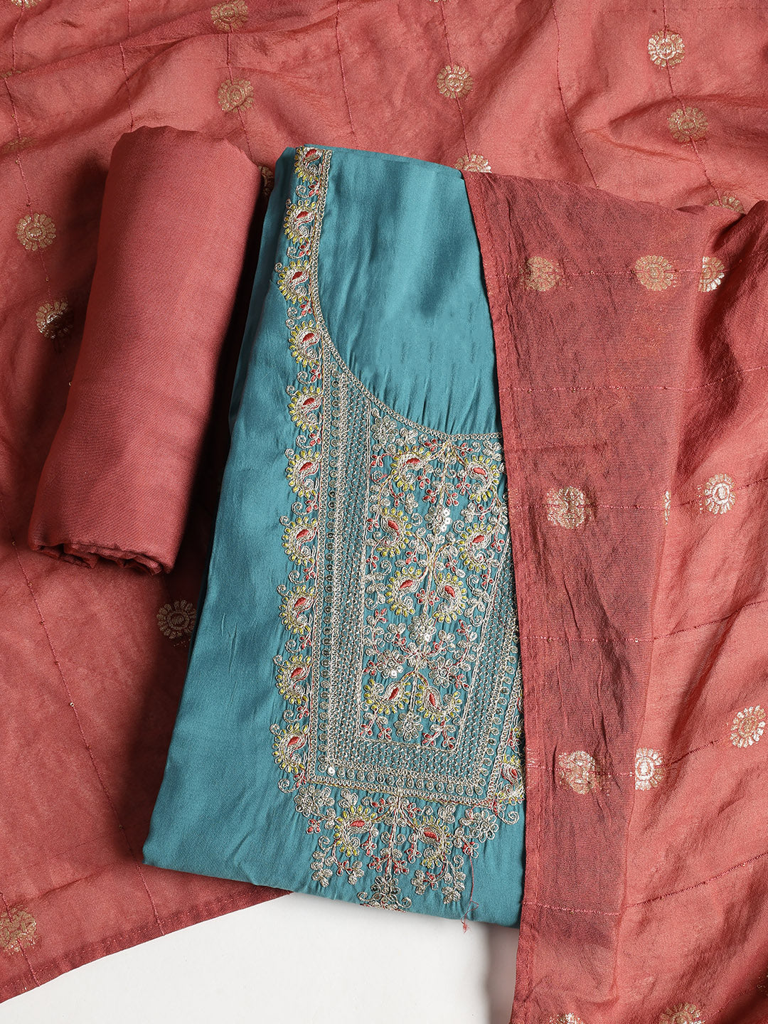 Neck Embroidered Cotton Blend Unstitched Suit With Dupatta