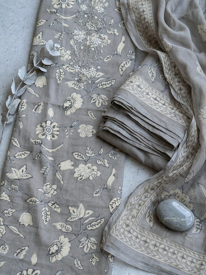 Printed Cotton Blend Unstitched Suit With Pant &amp; Dupatta