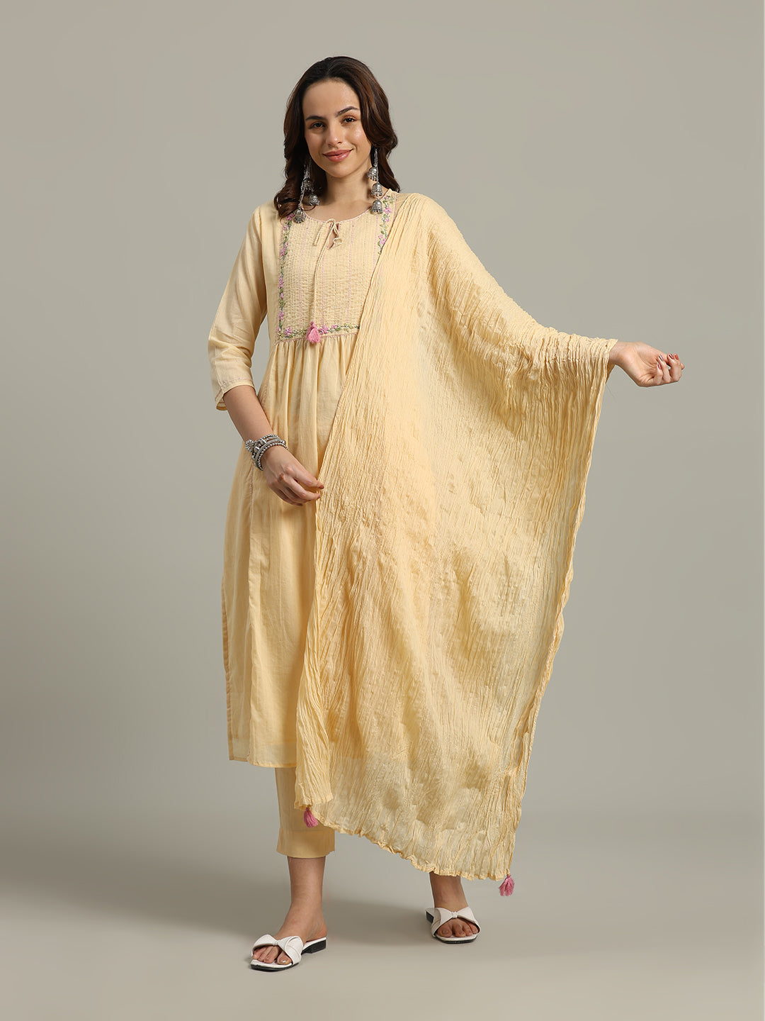 Thread Hand Embroidery Cotton Mulmul Kurta With Pants & Dupatta