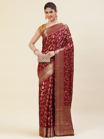 Floral Zari Jaal Crepe Plain Saree