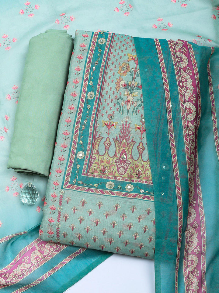 Embellished Chanderi Unstitched Suit With Pant &amp; Dupatta