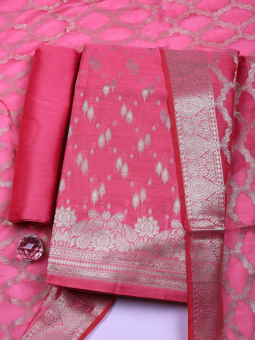 Woven Design Art Silk Unstitched Suit With Pant &amp; Dupatta