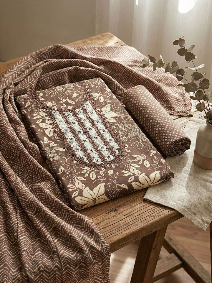Embroidered Cotton Blend Unstitched Suit With Pant &amp; Dupatta