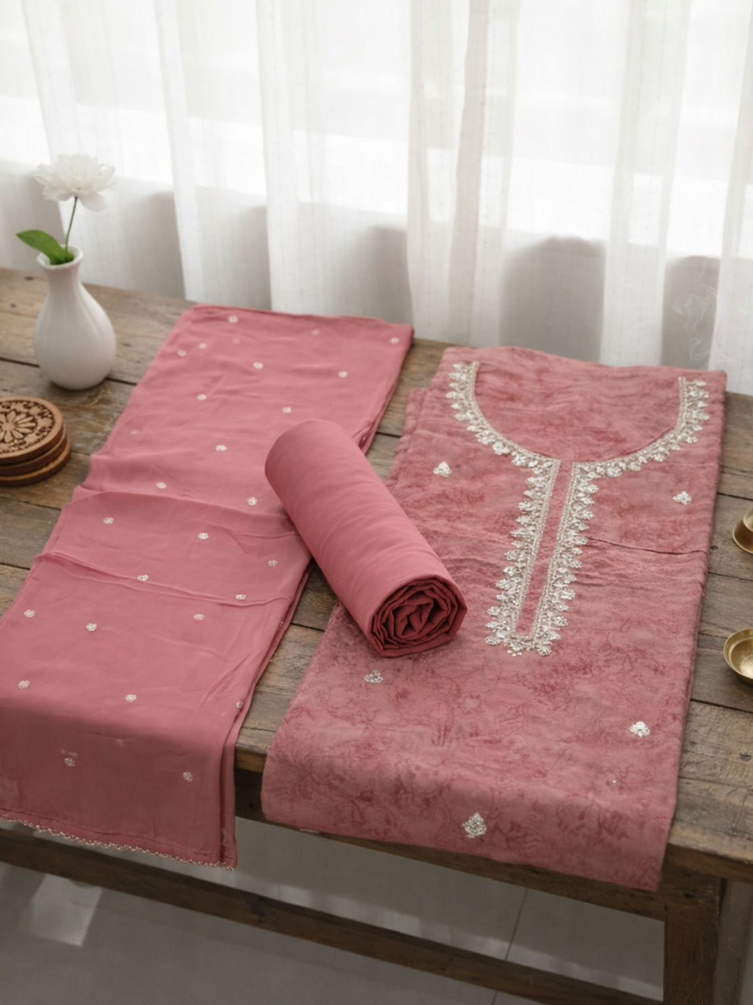 Embroidered Chanderi Unstitched Suit With Pant &amp; Dupatta