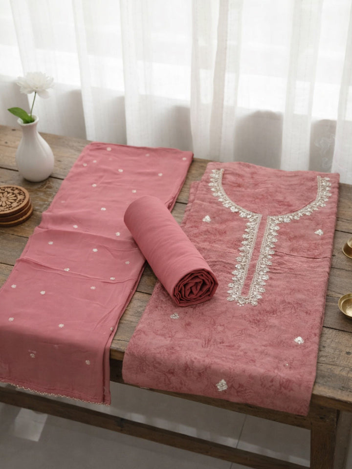 Embroidered Chanderi Unstitched Suit With Pant &amp; Dupatta