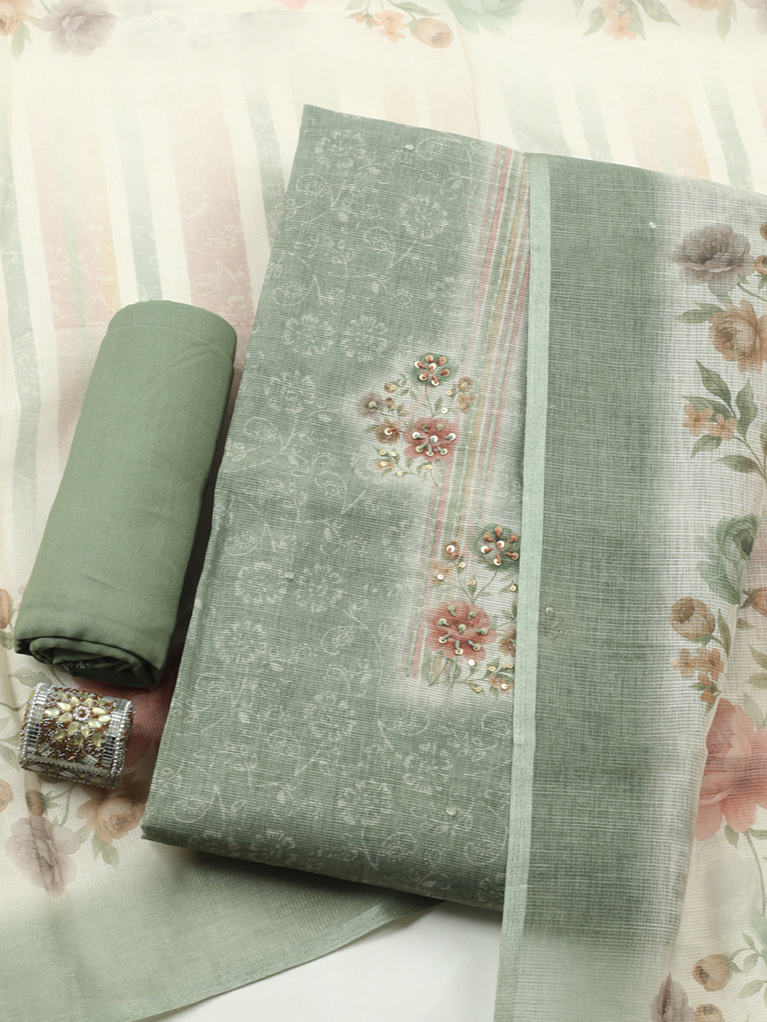 Printed Linen Blend Unstitched Suit With Pant &amp; Dupatta