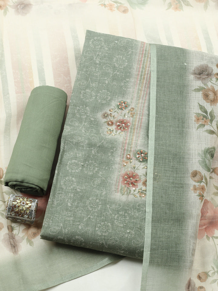Printed Linen Blend Unstitched Suit With Pant &amp; Dupatta