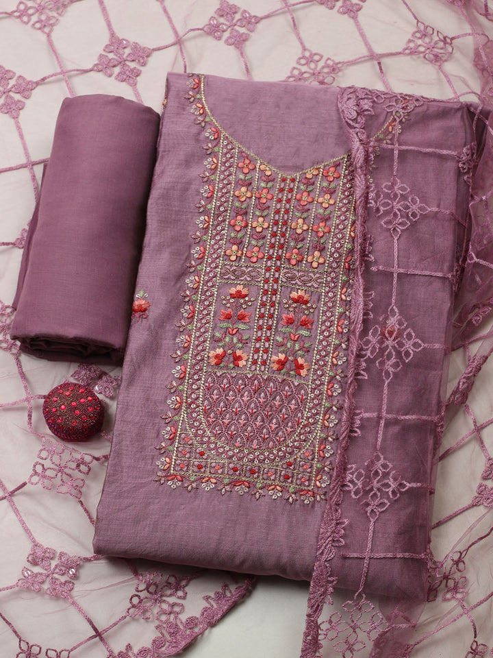 Embroidered Chanderi Unstitched Suit With Pant &amp; Dupatta