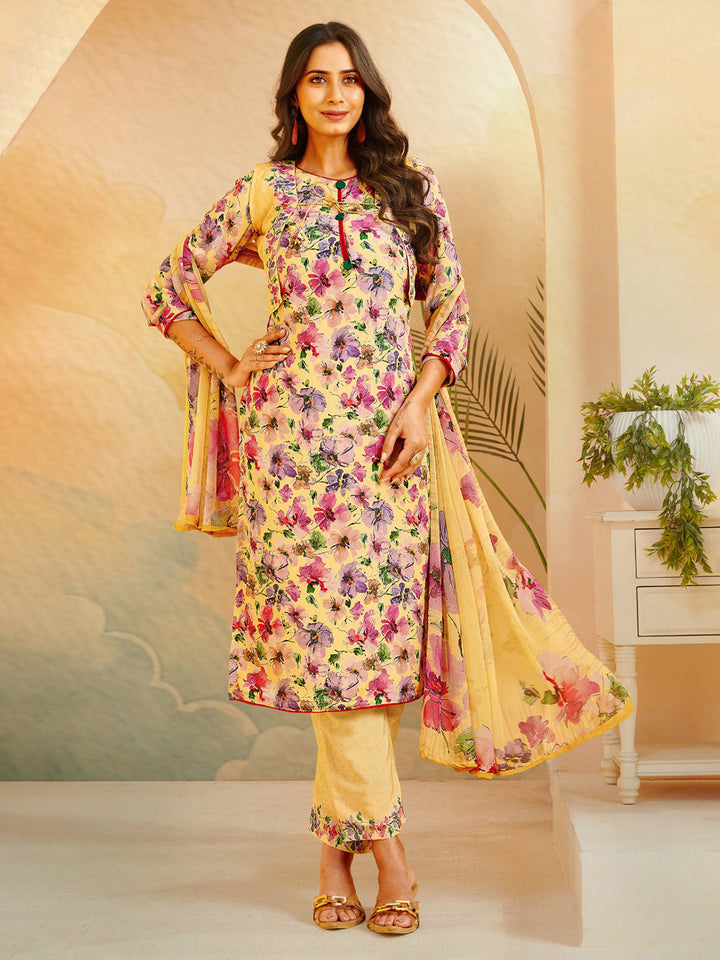 Printed Crepe Unstitched Suit With Pant &amp; Dupatta