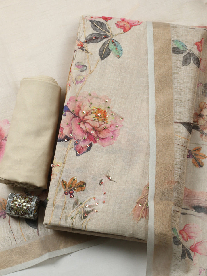 Printed Cotton Blend Unstitched Suit With Pant &amp; Dupatta