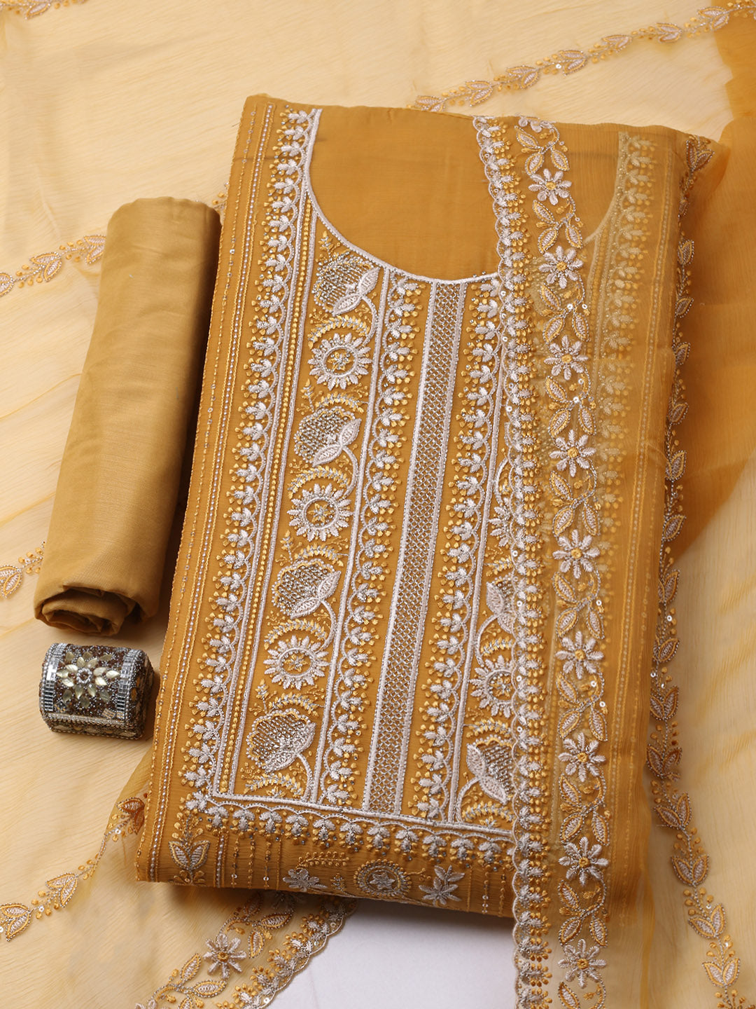 Embroidered Organza Unstitched Suit With Pant &amp; Dupatta