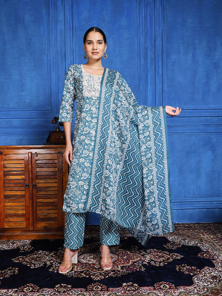 Printed Cotton Blend Kurta With Pants &amp; Dupatta