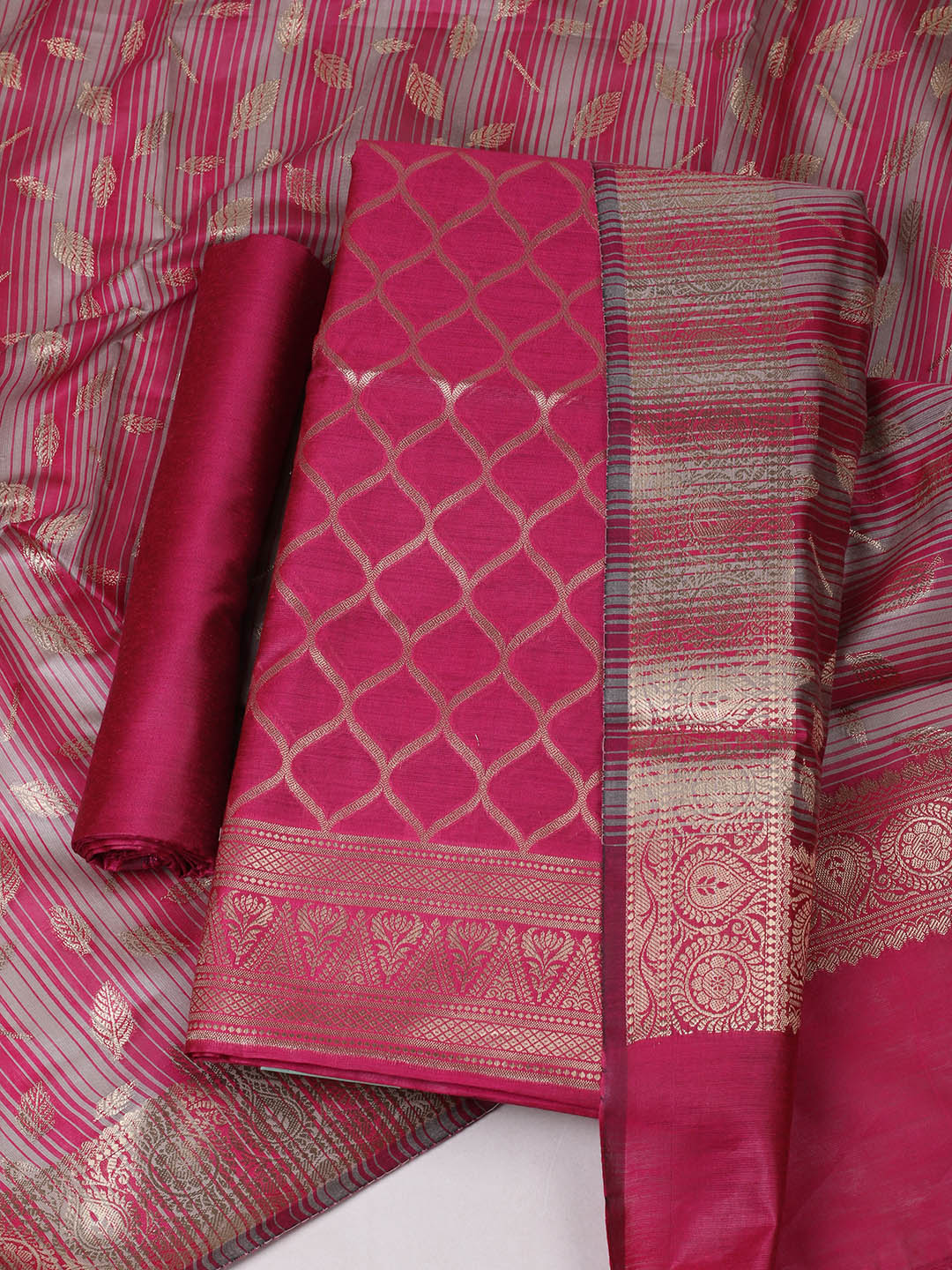 Woven Design Chanderi Unstitched Suit With Pant &amp; Dupatta