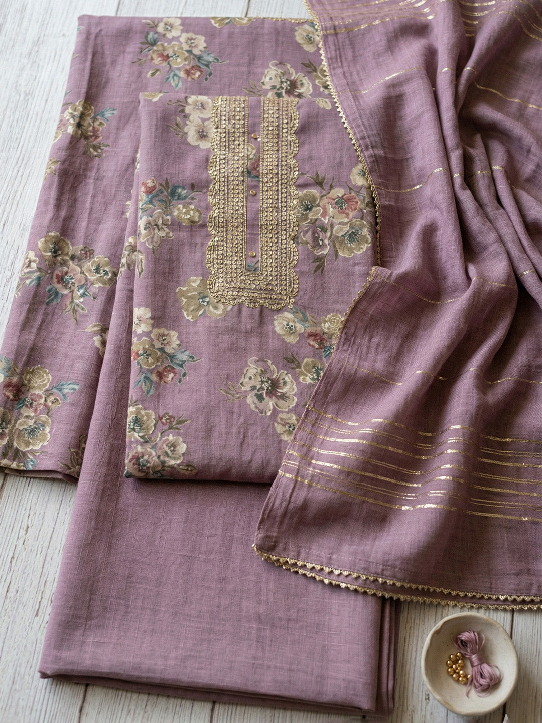 Embroidered Cotton Blend Unstitched Suit With Pant &amp; Dupatta