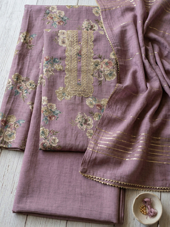 Embroidered Cotton Blend Unstitched Suit With Pant &amp; Dupatta