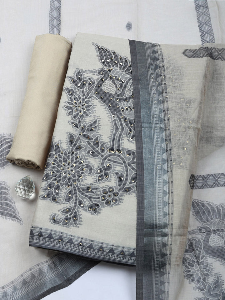 Printed Linen Blend Unstitched Suit With Pant &amp; Dupatta