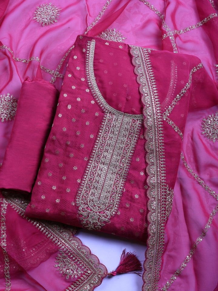 Embroidered Art Silk Unstitched Suit With Pant &amp; Dupatta