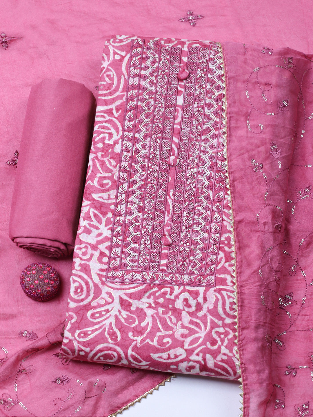 Embroidered Cotton Unstitched Suit With Pant &amp; Dupatta