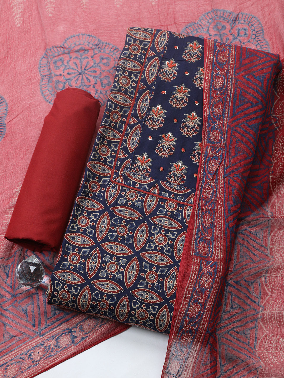 Printed Cotton Blend Unstitched Suit With Pant &amp; Dupatta