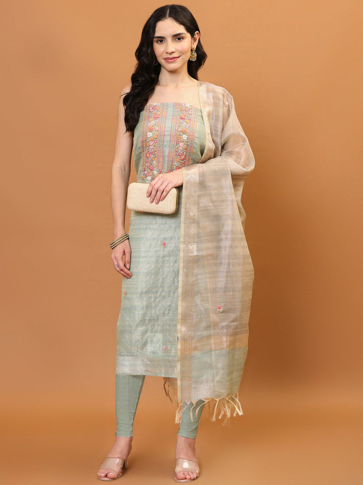 Neck Embroidered Chanderi Unstitched Suit Piece With Dupatta