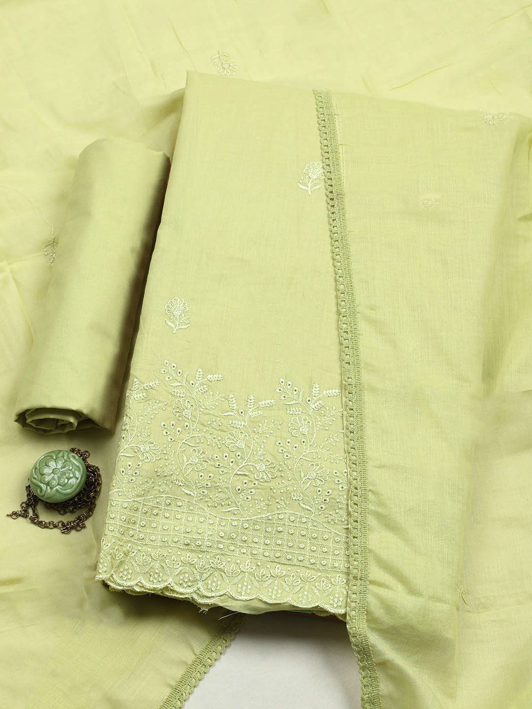 Embroidered Chanderi Unstitched Suit With Pant &amp; Dupatta