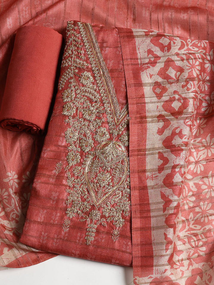 Neck Embroidered Chanderi Unstitched Suit With Dupatta