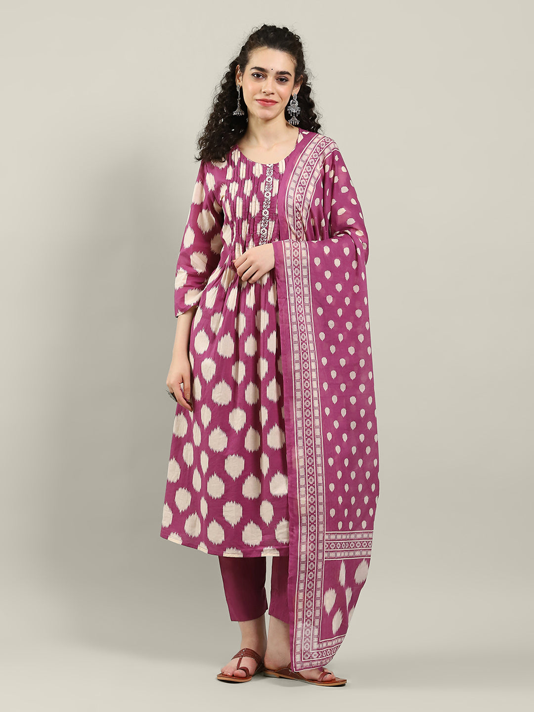 Printed Cotton Blend Kurta With Pants & Dupatta