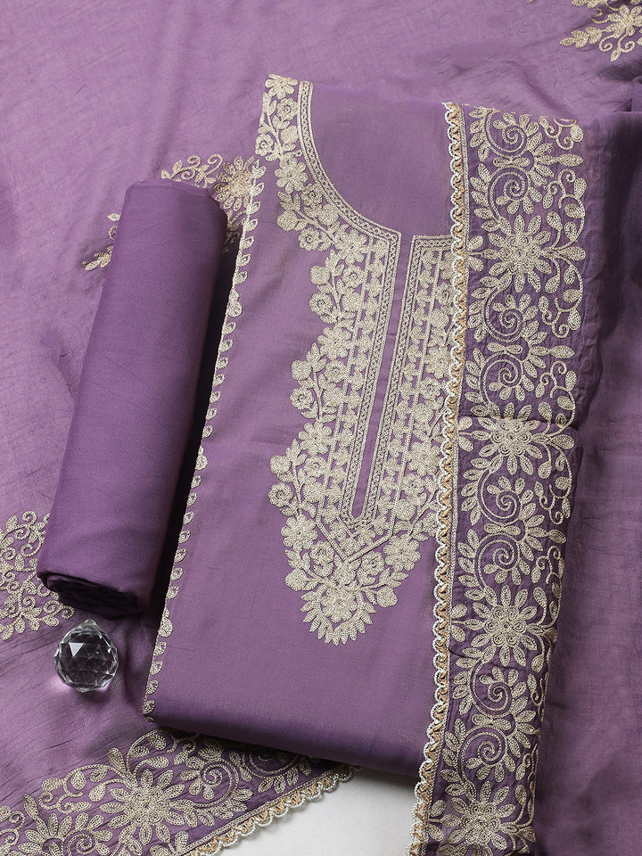 Embroidered Chanderi Unstitched Suit With Pant &amp; Dupatta