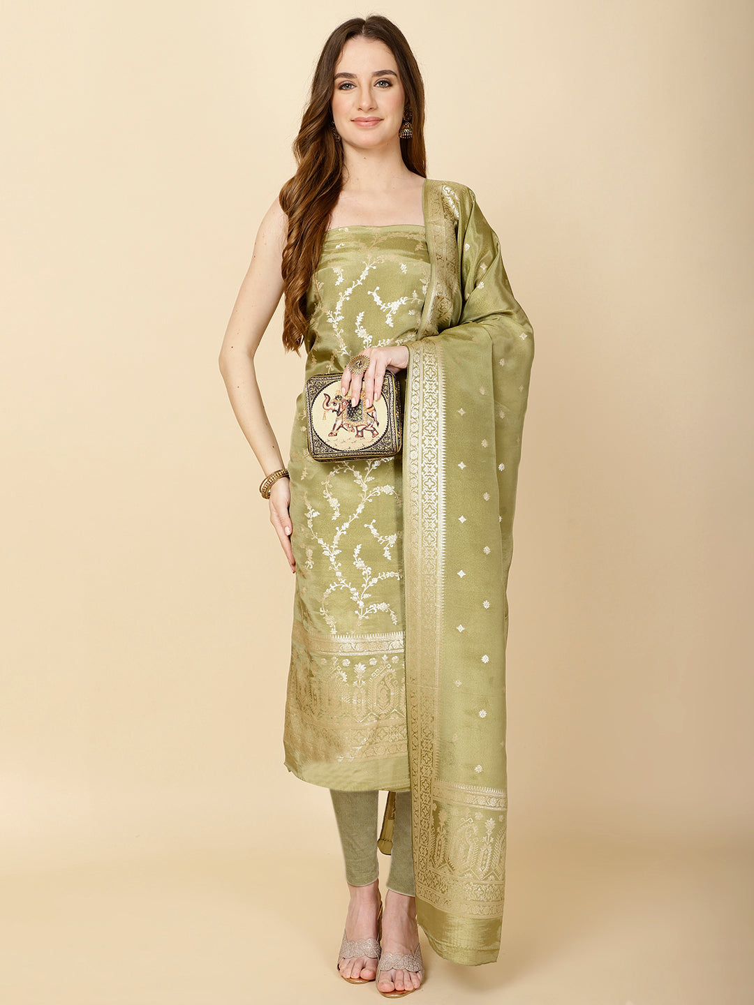 Floral Woven Chanderi Unstitched Suit Piece With Dupatta