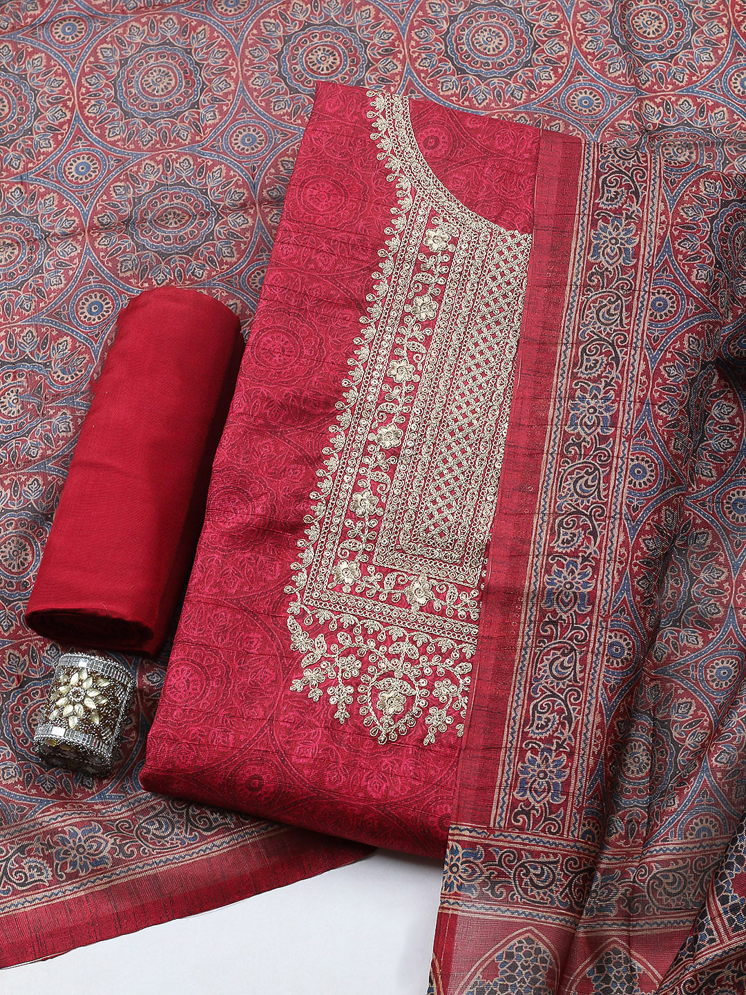 Embroidered Cotton Blend Unstitched Suit With Pant &amp; Dupatta