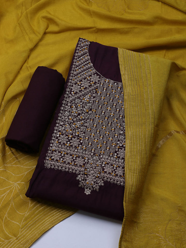 Neck Embroidered Chanderi Unstitched Suit With Dupatta