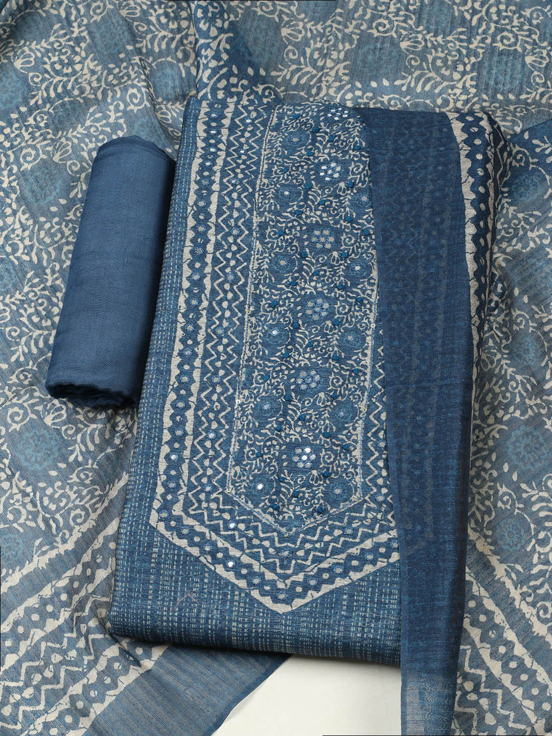 Printed Chanderi Unstitched Suit With Pant &amp; Dupatta