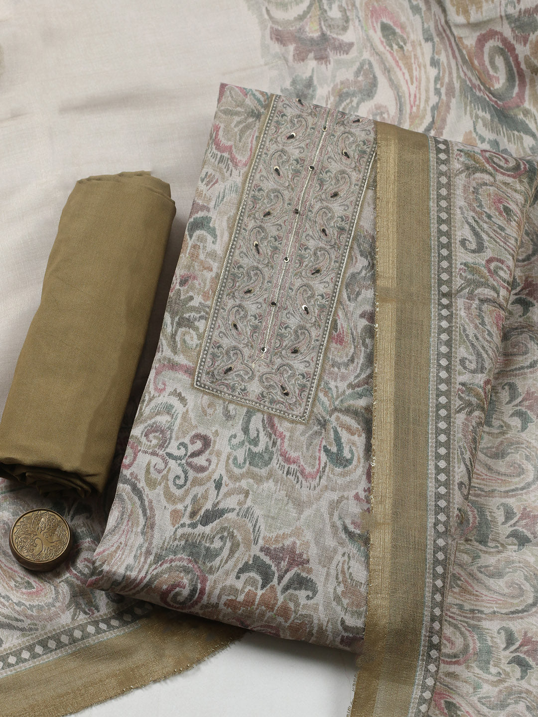 Embroidered Linen Blend Unstitched Suit With Pant &amp; Dupatta