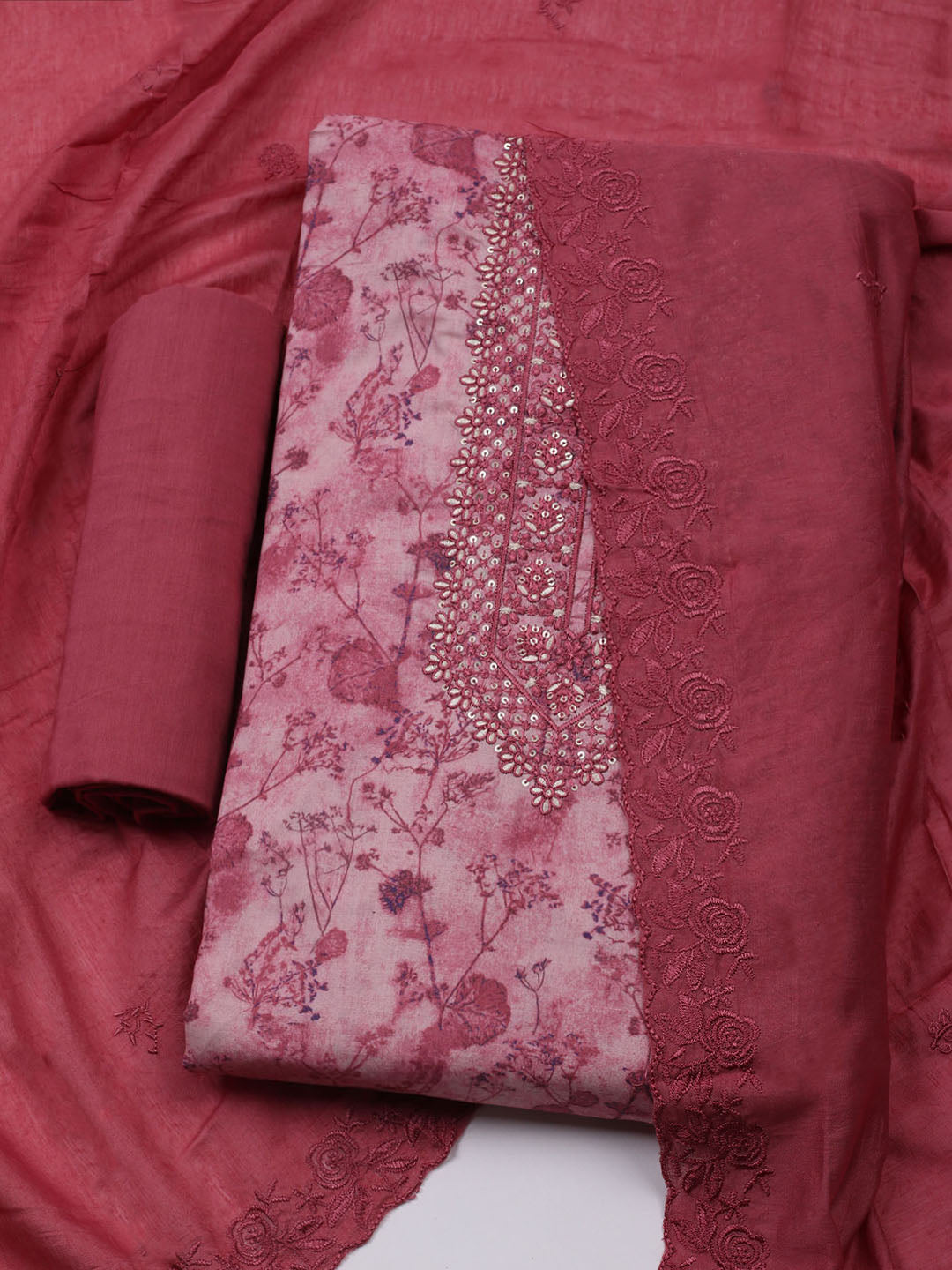 Embroidered Cotton Blend Unstitched Kurta With Pant &amp; Dupatta
