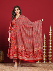 Printed Cotton Kurta With Pant & Dupatta