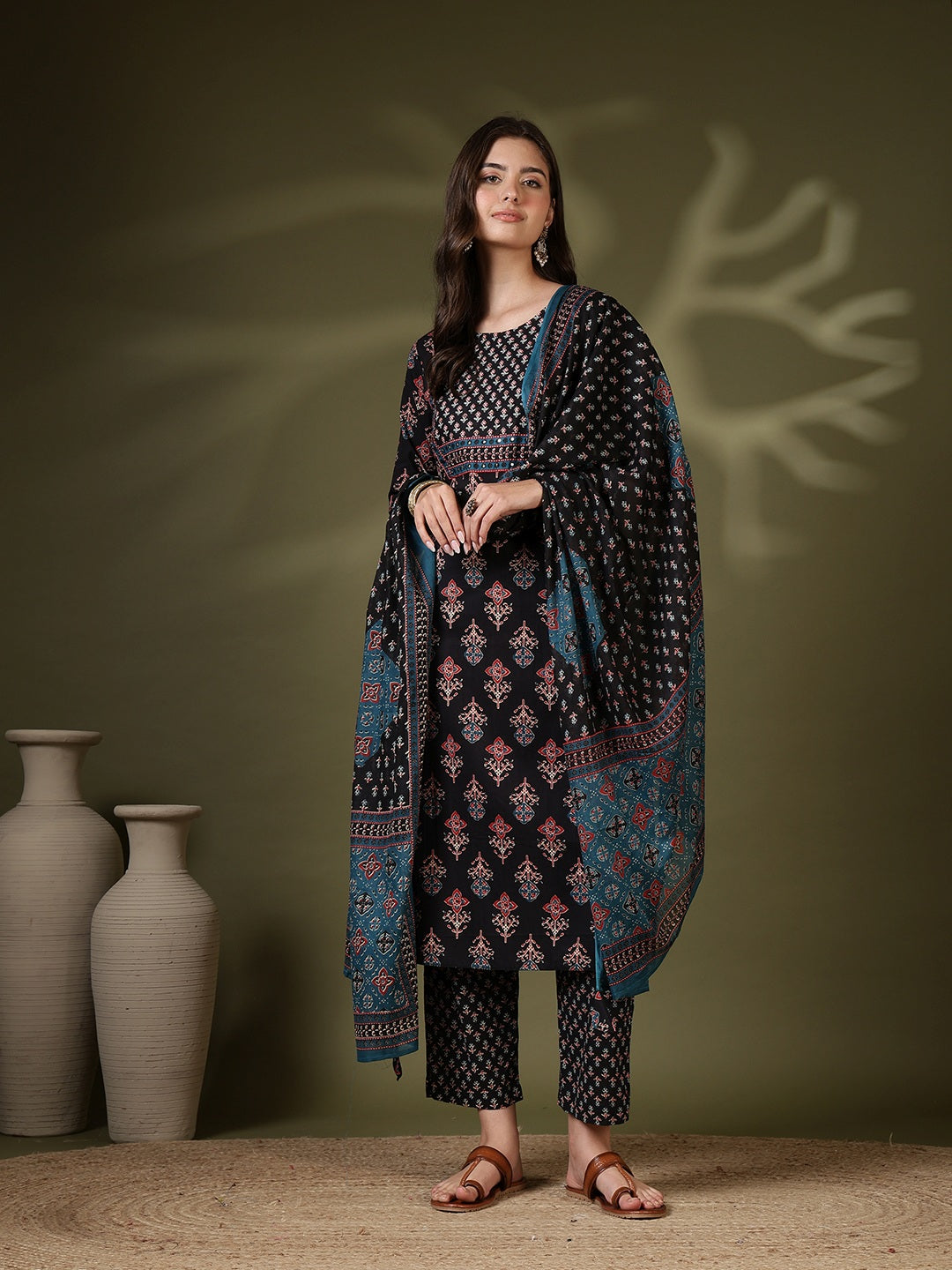 Printed Cotton Blend Kurta With Pant &amp; Dupatta