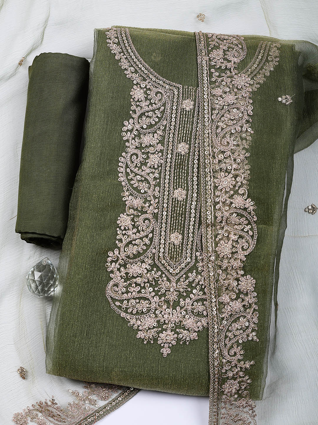Embroidered Tissue Unstitched Suit With Pant &amp; Dupatta