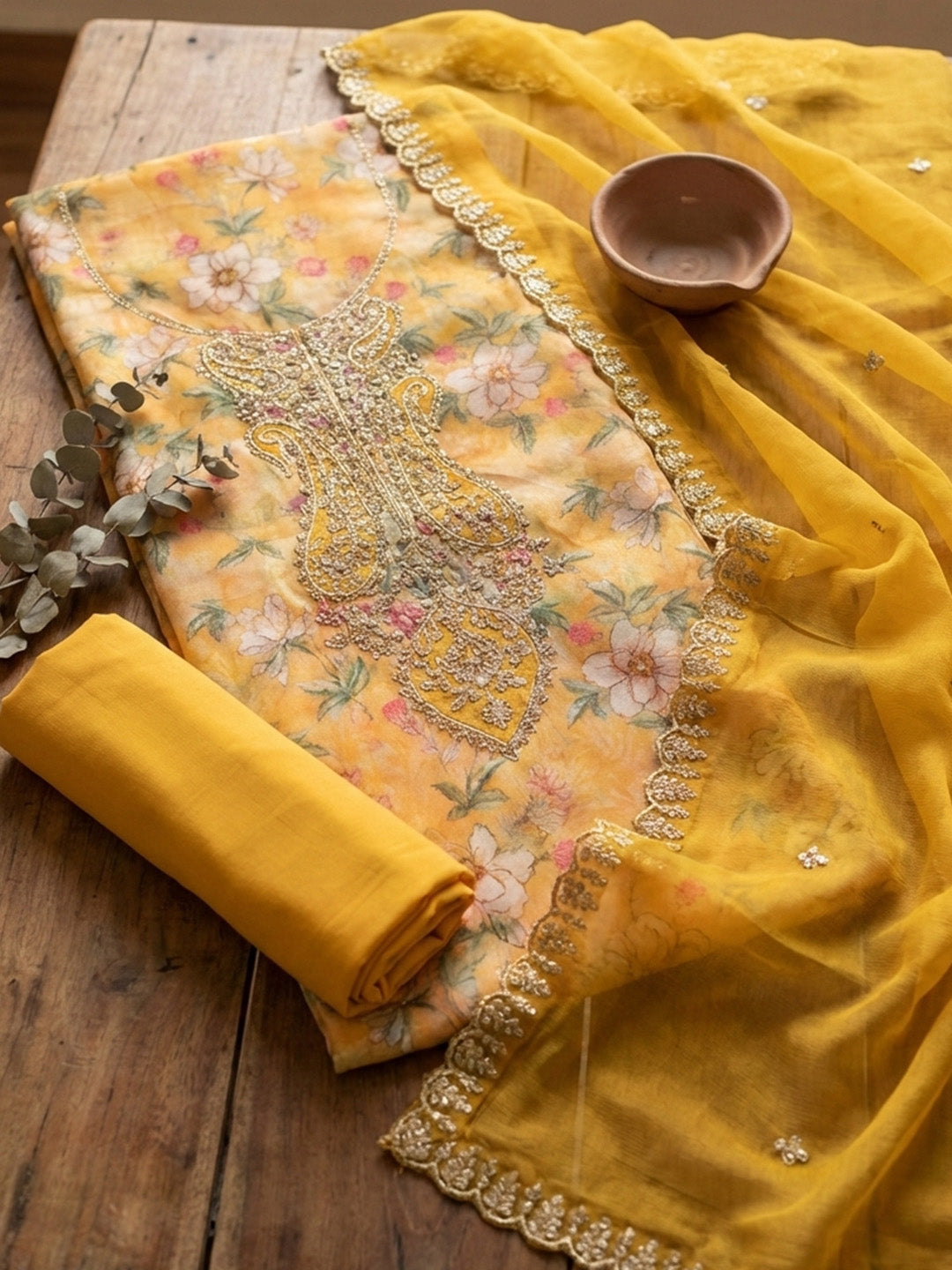 Embroidered Cotton Blend Unstitched Suit With Pant &amp; Dupatta