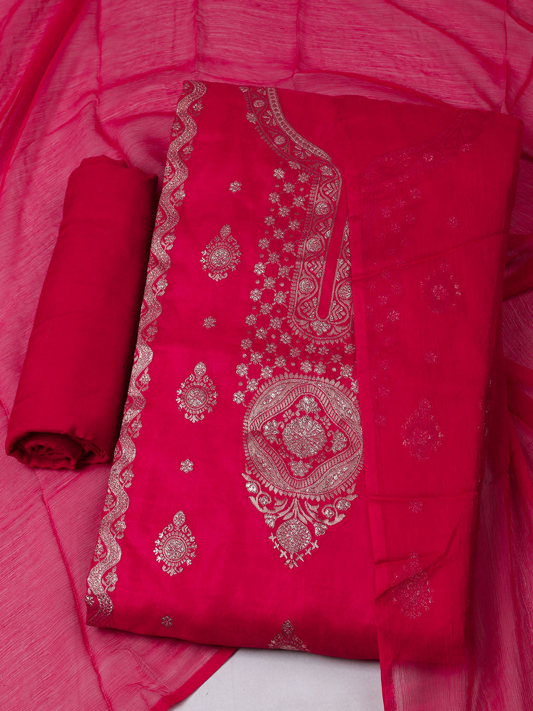 Woven Design Chanderi Unstitched Suit With Pant &amp; Dupatta