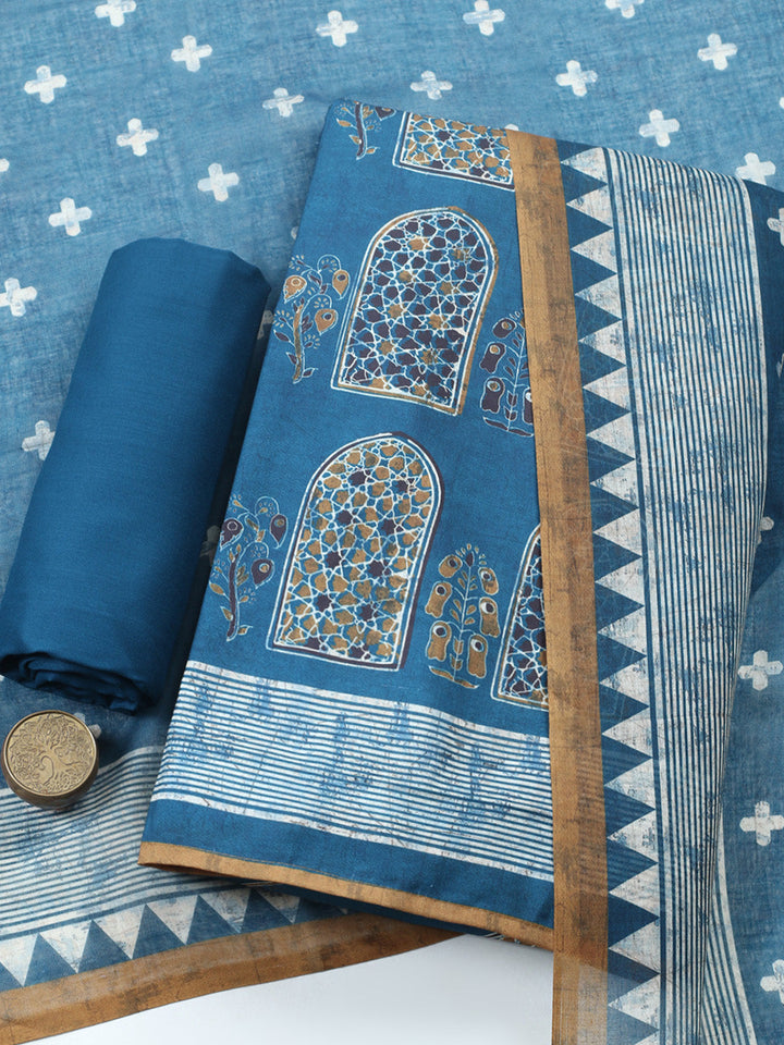 Embroidered Cotton Blend Unstitched Suit With Pant &amp; Dupatta