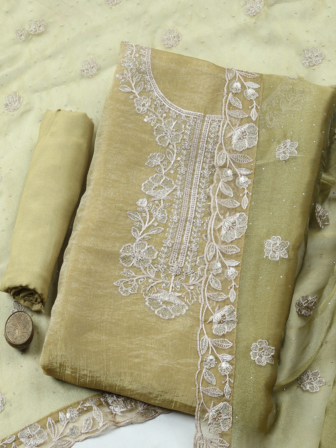 Embroidered Tissue Unstitched Suit With Pant &amp; Dupatta